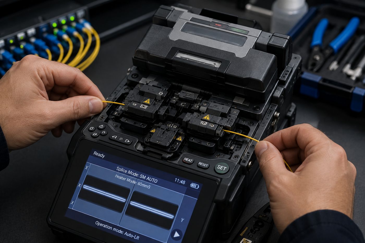 Fusion splicing single-mode fibre optic cable on a commercial site