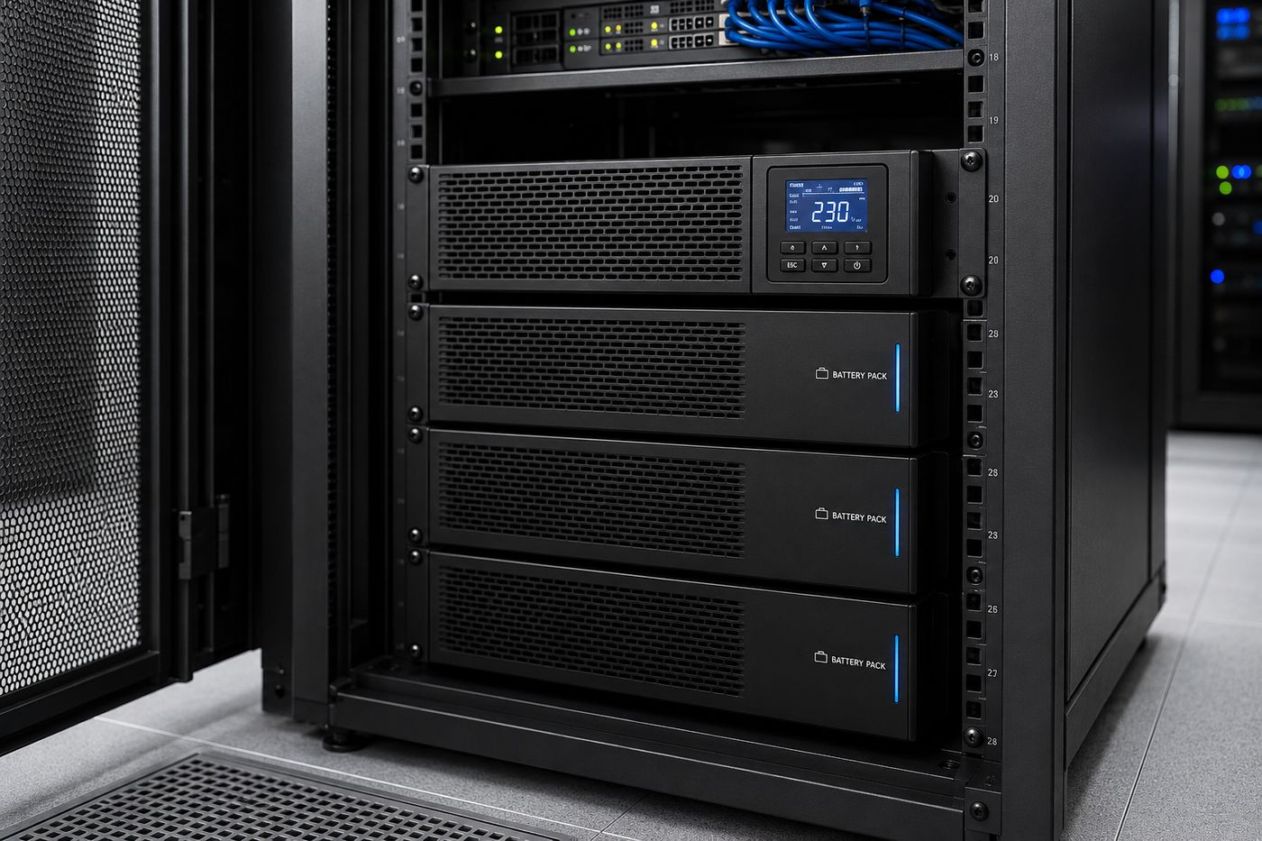 Rack-mounted UPS and battery packs installed in a comms room by EDN