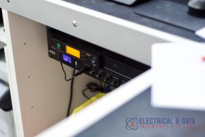 Retail audio system rack installation Total Tools store Melbourne with amplifier and AV equipment